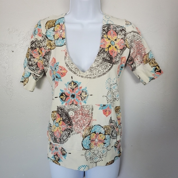 Lounge by Maurices Small Pullover Hoodie Shirt Beige Neutral Pattern Brown Blue - Picture 1 of 7